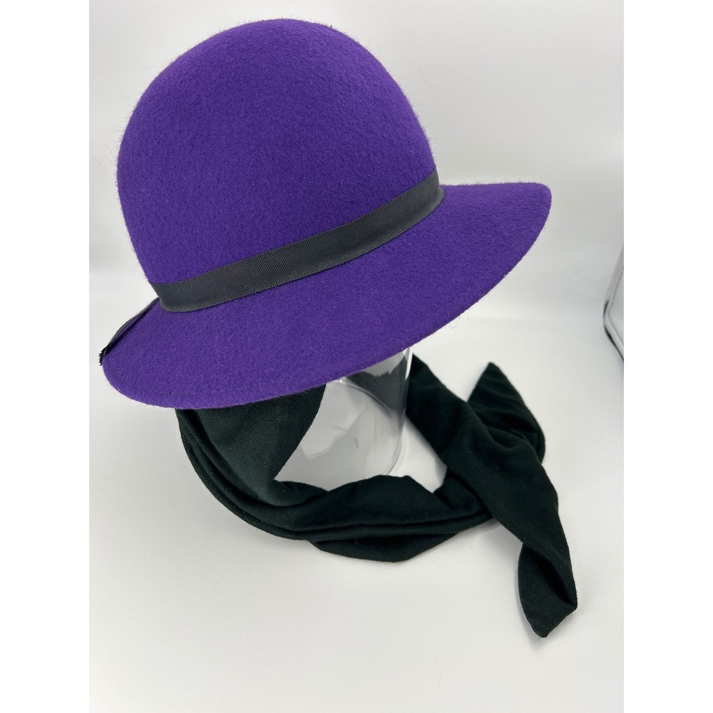 Vintage Purple 100% Wool Cloche Hat Attached Black Scarf Made in USA WPL 4884
